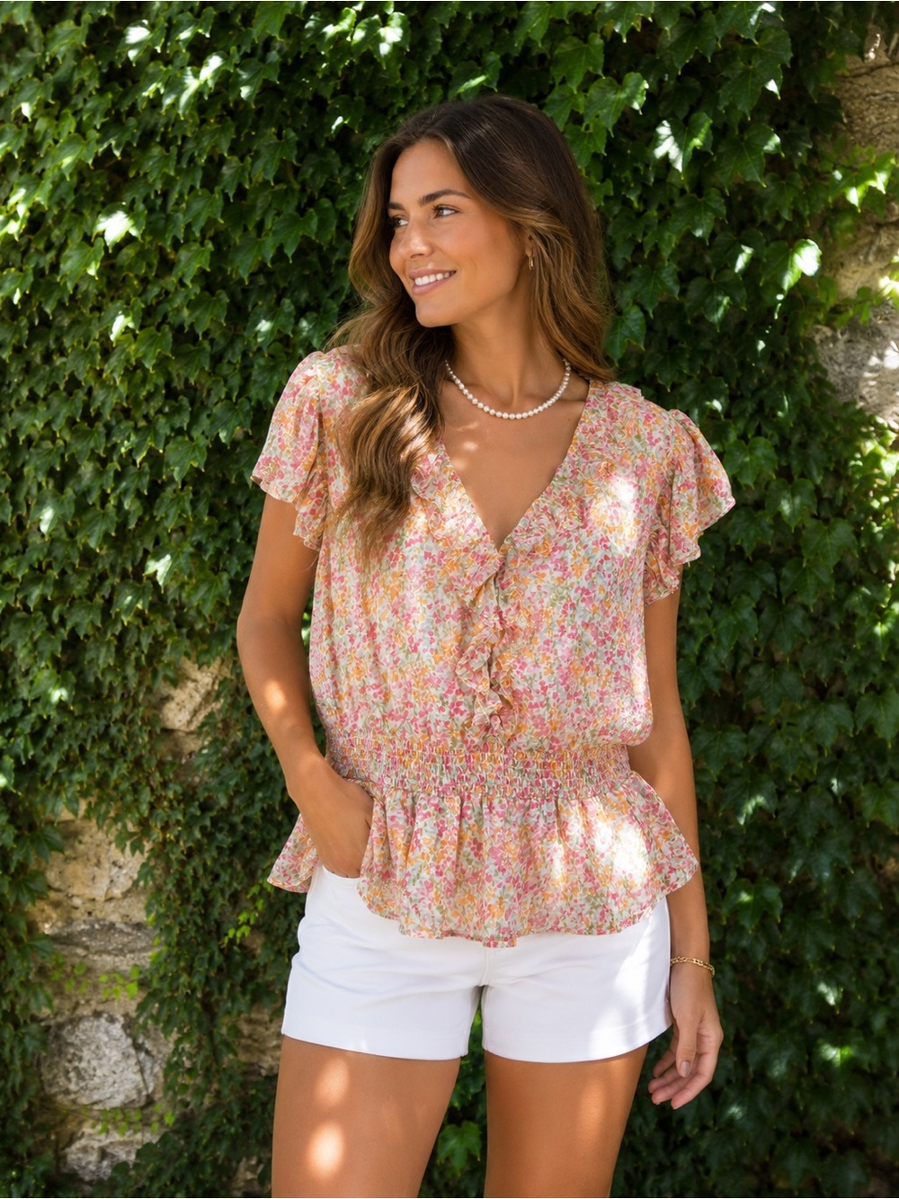 PARKER Pastel Floral Chiffon Peplum Ruffle Sleeve Summer Cottagecore Top, L